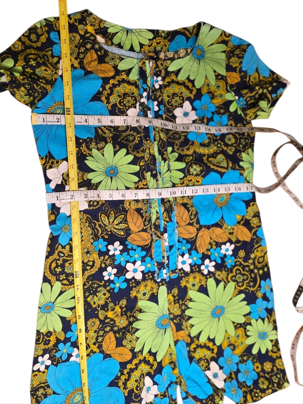 Vintage 70s Floral Romper Psych Mod Hippie Daisy Print Mini Jumpsuit Blue Green - Picture 8 of 15